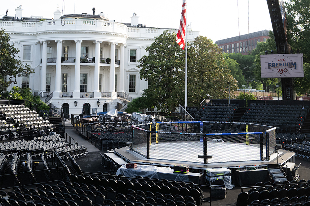 Seating and "The Octagon" fighting enclosure for the upcoming UFC fight that US President Donald Trump will host as part of the 250th anniversary of the United States is seen on the South Lawn of the White House during a media preview in Washington, DC, June 11, 2026.