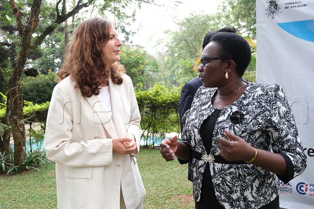 Agatha Tumwine (R) talking to Julie Feremans (First secretary, Consular and Political Affairss) Embassy of Belgium in Uganda  during the launch of the Francophone month at the French Ambassador's residence in Nakasero, on February 27, 2026. (Credit: Hajarah Nalwadda)