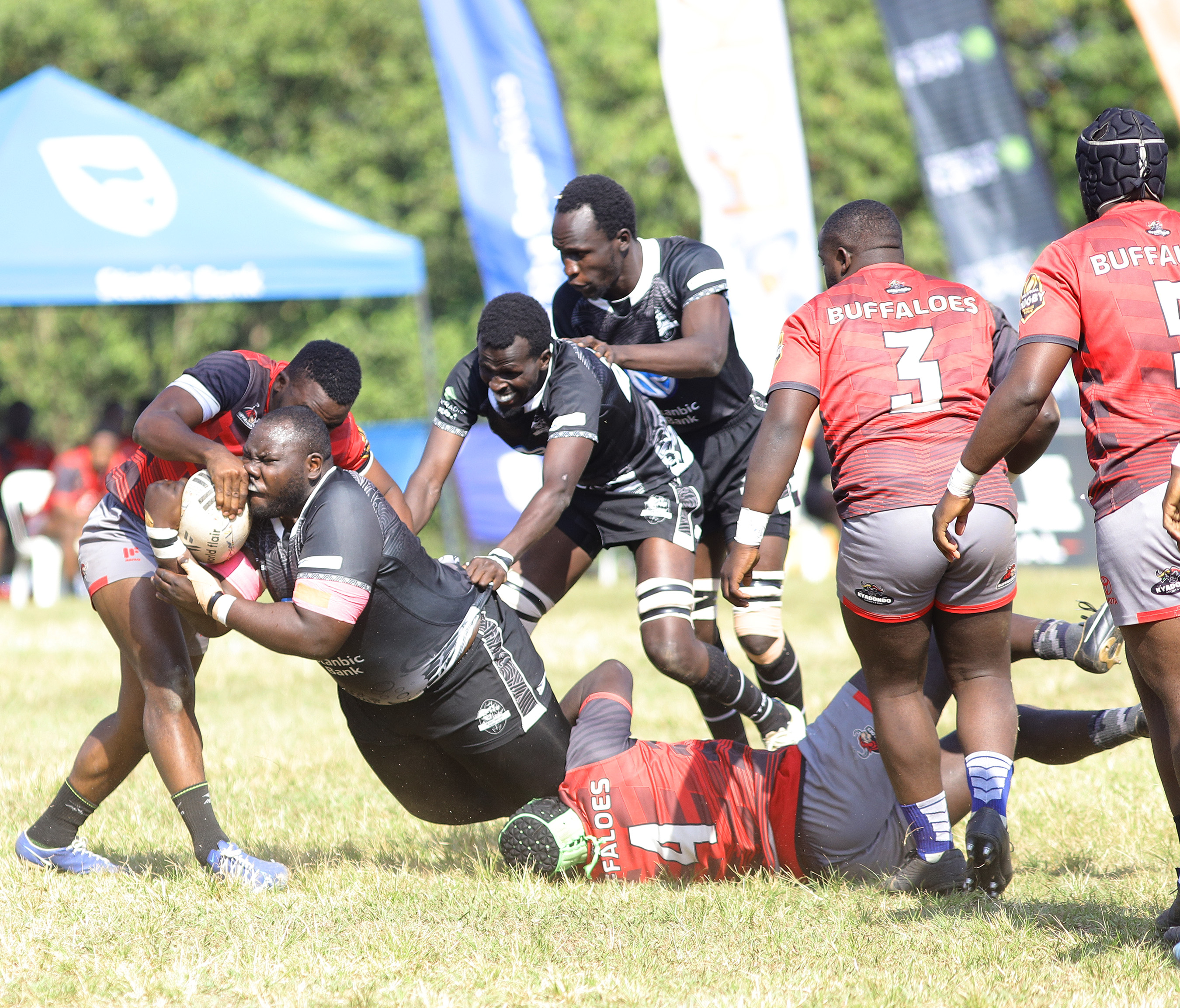  Stanbic Black Pirates' Ariho Muhumuza in black fights for the ball against the Buffaloes opponent during the Nile Special Rugby  Stanbic Black Pirates' Ariho Muhumuza in black fights for the ball against the Buffaloes opponent during the Nile Special Rugby  Stanbic Black Pirates' Ariho Muhumuza in black fights for the ball against the Buffaloes opponent during the Nile Special Rugby Premiership final at Kings Park Arena. p final at Kings Park Arena.  final at Kings Park Arena. 