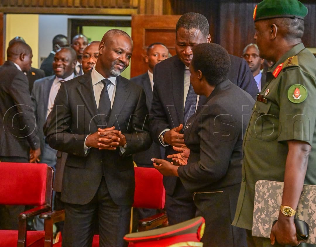 Deputy speaker of parliament Thomas Tayebwa receives Vice President Jessica Alupo.