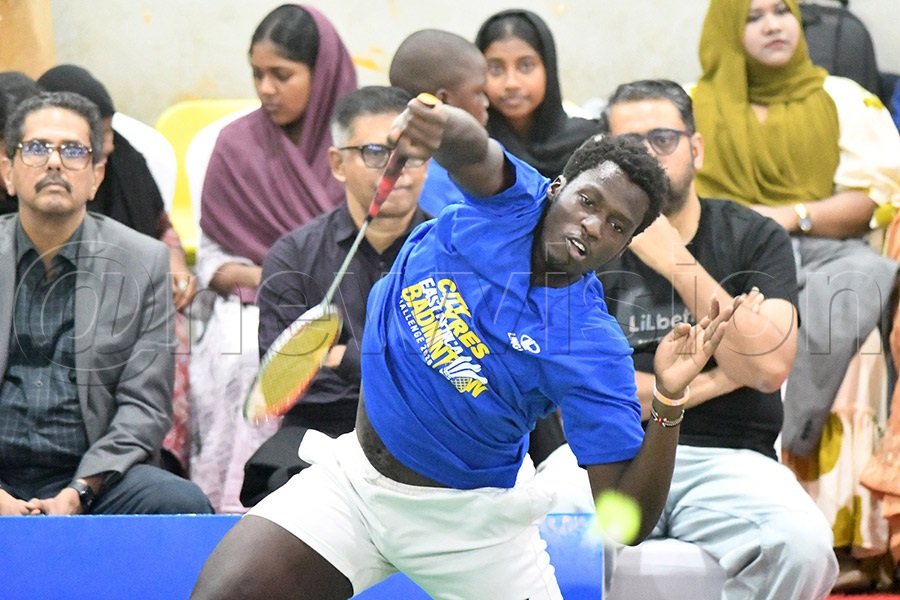 Reagan Nsubuga in action during the finals of the City Tyres-Linglong East Africa Badminton Challenge at the Lugogo Indoor Arena, October 18, 2026. Photo by Michael Nsubuga