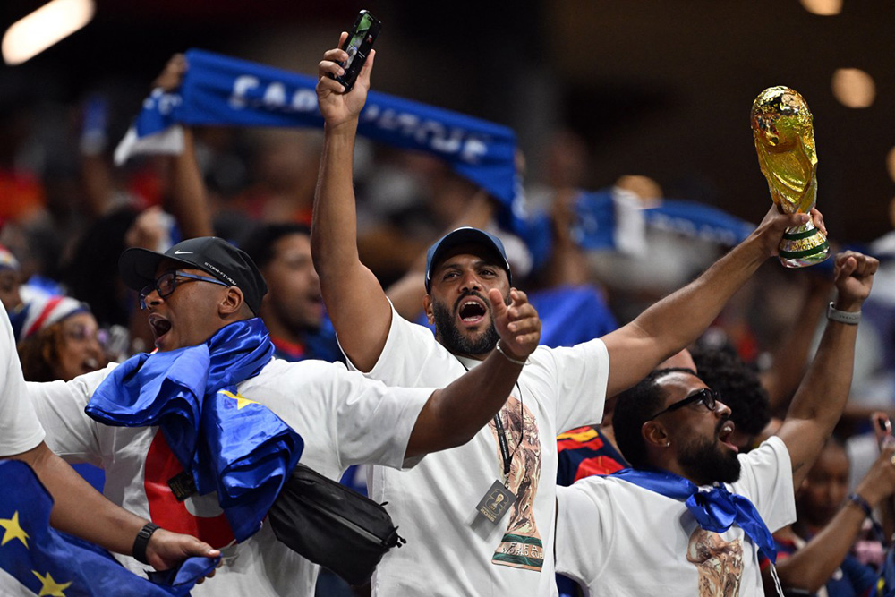 Cape Verde's supporters cheer ahead of the 2026 World Cup Group H football match between Spain and Cape Verde at the Atlanta Stadium in Atlanta on June 15, 2026.  (Photo by Roberto SCHMIDT / AFP)