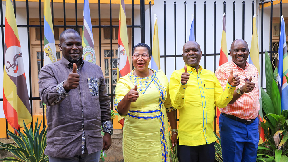 Speaker of Parliament Anita Annet Among (2nd Left) and Yusuf Nsibambi (centre) flanked by NRM Secretary General, Richard Todwong (Left), and Workers' MP Arinaitwe Rwakajara. (Courtesy)