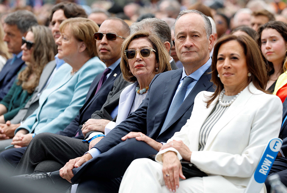 (L/R) Former Chancellor of Germany Angela Merkel, US House of Representatives Minority Leader Hakeem Jeffries, former Speaker of the House Nancy Pelosi, Former Second Gentleman Doug Hemhoff and former US Vice President Kamala Harris attend opening day of the Barack Obama Presidential Center in Chicago, Illinois, on June 18, 2026. (Photo by Kamil Krzaczynski / AFP)