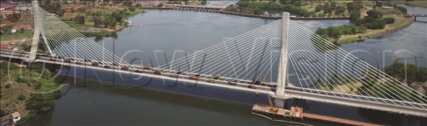 An aerial view of the New Nile Bridge in Jinja 