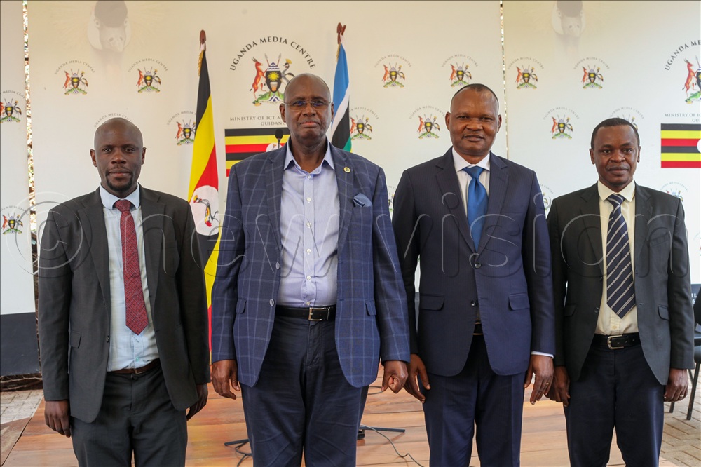 Second Left - Minister of State for Animal Industry Bright Rwamirama posing for a group photo with ministry officials after the presser.