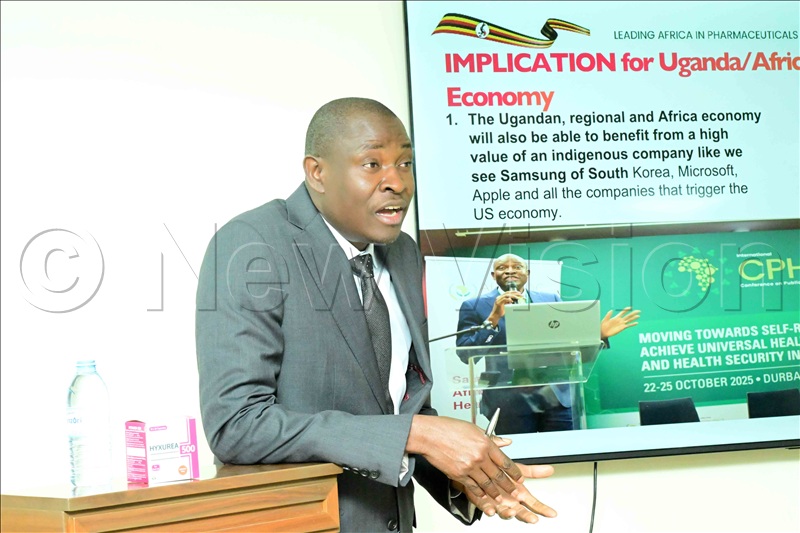 Dr. Mathias Magoola, the founder Dei Biopharma in Matugga, Wakiso district making a presentation to the visitors. (All Photos by Eddie Ssejjoba)