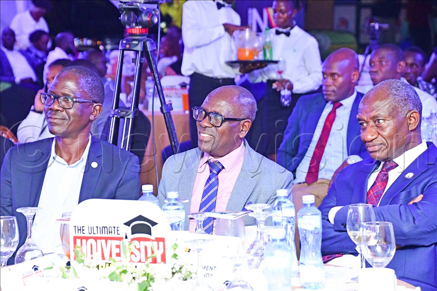 (L-R) Vision Group’s deputy Editor-in-Chief, Felix Osike, Chief Finance Officer, Wilson Kamba and Deputy Managing Director, Gervase Ndyanabo attending the Ultimate University quiz season three awarding ceremony at Vision Group head offices in Kampala on Thursday, November 27, 2025.
