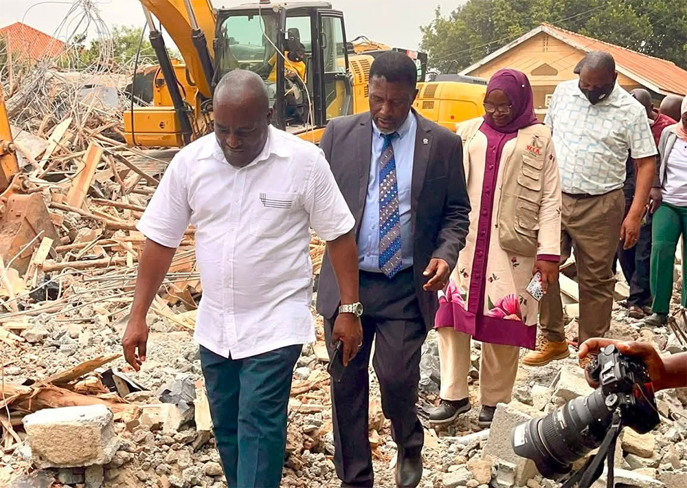 Kampala Lord Mayor Eng. Ronald Balimwezo Nsubuga inspecting the catastrophic building collapse in Kisaasi that claimed three lives and left more than 10 people injured. (Credit: Ronald Balimwezo/X)