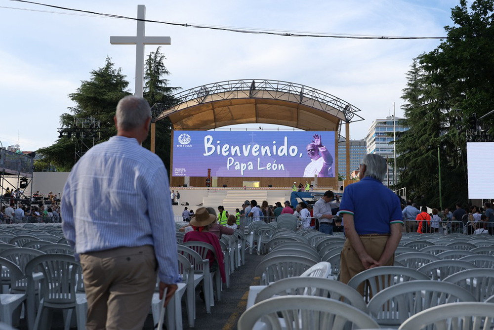 The stage for Pope Leo XIV's prayer vigil with young people, to be held tomorrow at Lima square, is seen in Madrid on June 5, 2026. (Credit: AFP)