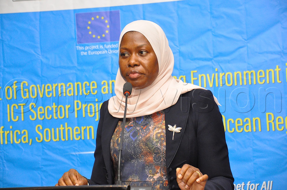 Amina Zawedde, the Permanent Secretary Ministry of ICT, addressing participants during the validation engagement for policies and regulations for ICT authorisation and E-waste management at Golden Tulip Hotel in Kampala on August 12, 2025. (Credit: Nancy Nanyonga)