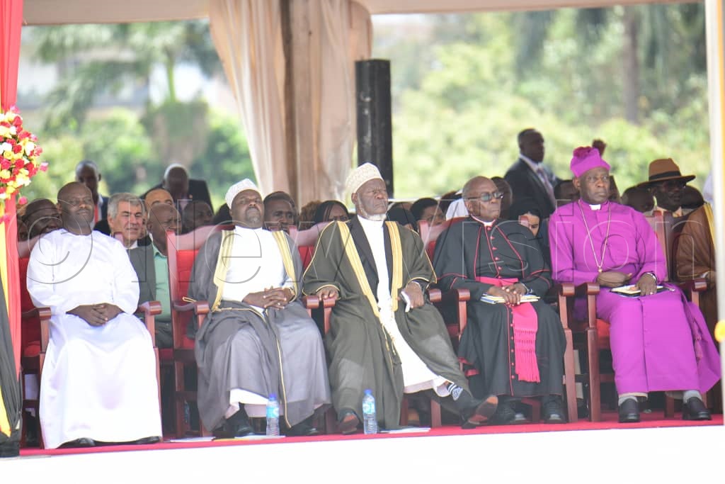 Cult leader Omukama Ruhanga Owobusobozi Bisaka, Sheikh Shaban Ramadhan Mubaje, Grand Mufti of Uganda, Msgr. Charles Kasibante and Archbishop of the Church of Uganda Samuel Stephen Kaziimba. (Credit: Maria Wamala)