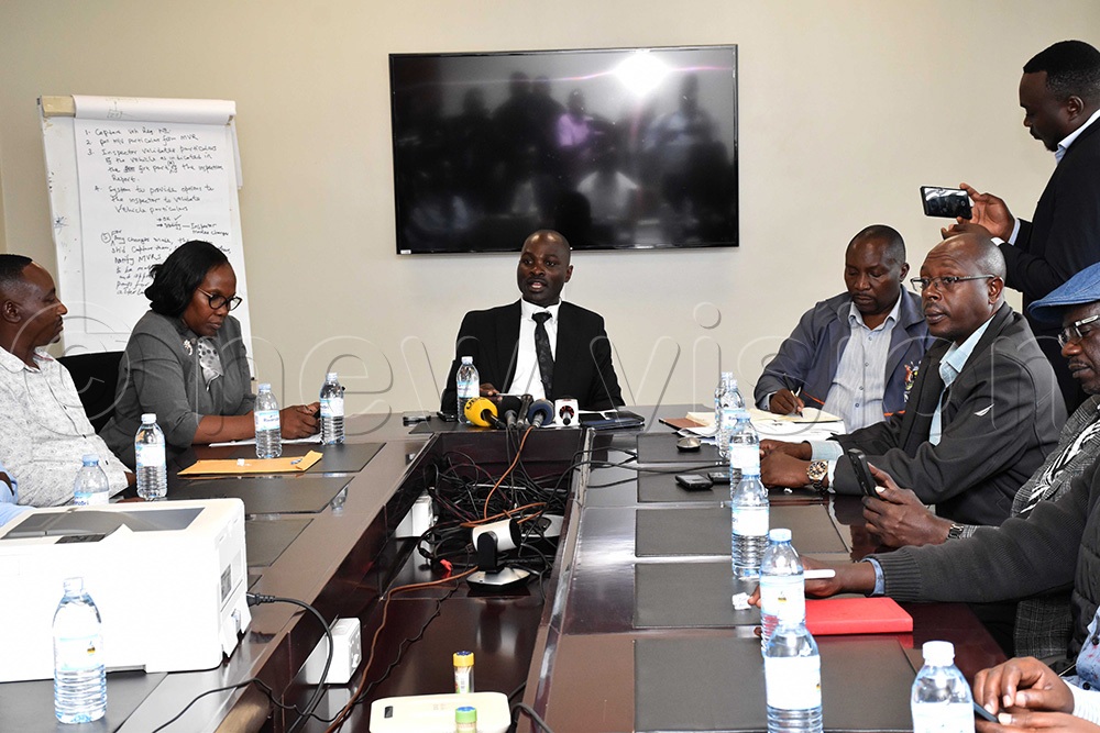 Fred Byamukama, the State Minister for Works and Transport, addressing drivers and owners in Namanve. (Photo by Simon Peter Tumwine)