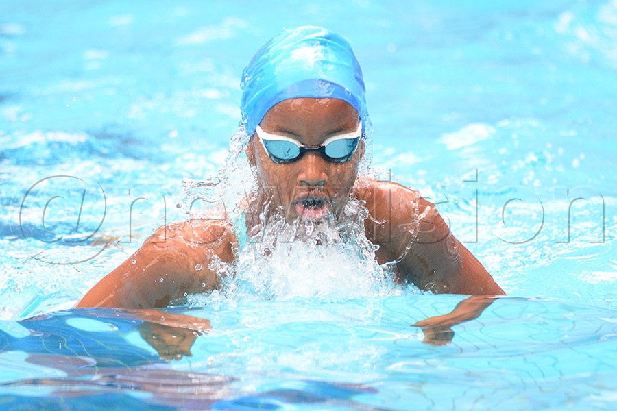 Blue Whales Aquatic Venture&rsquo;s Adams Aya  in action during the 50m breaststroke race at the Silverfin Pentathlon at KISU pool, May 9, 2026. Photo by Michael Nsubuga