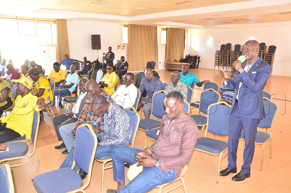 Lango Parliamentary Group chairperson and Oyam South MP, Patrick Ogwang Obura speaking at the NRM regional leaders meeting at ST. Lira Hotel. (Photo by Joseph Ekol)