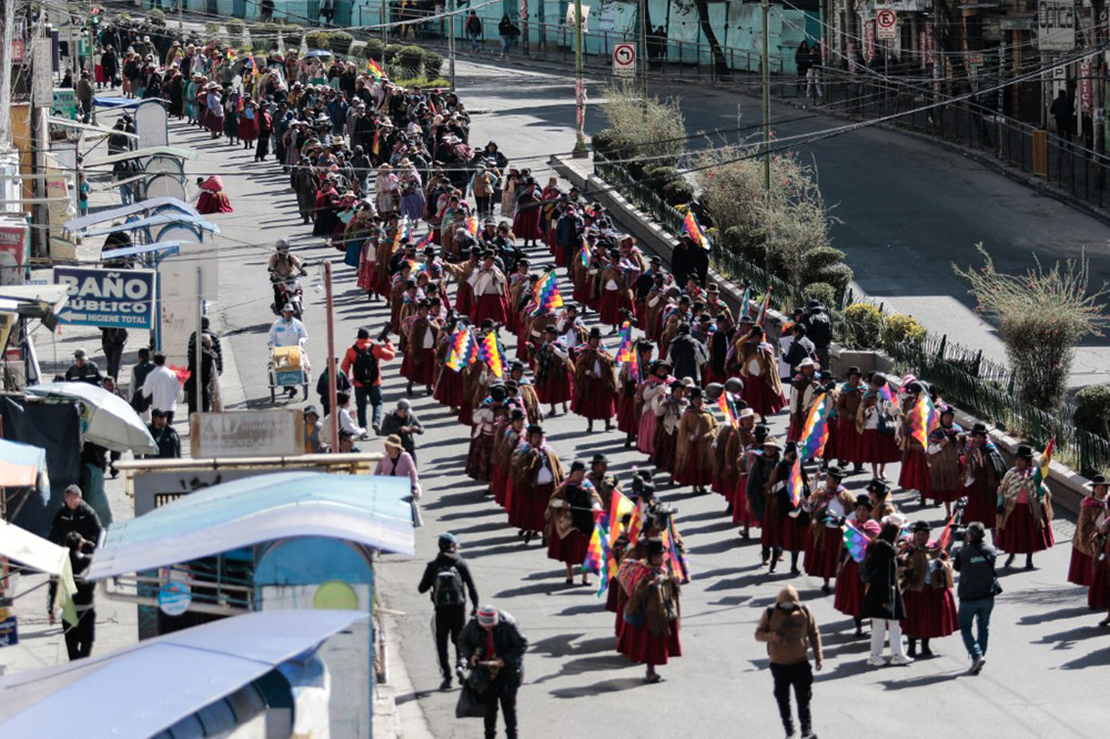 Women from various social sectors participate in a Mother's Day protest in Bolivia, demanding the resignation of Bolivian President Rodrigo Paz in La Paz, Bolivia, on May 27, 2026. (Photo by Jorge Mateo Romay Salinas / Anadolu via AFP)