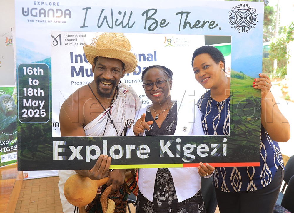 L-R: Moses Golola, the kick boxer and social media influencer, Jackline Besigye Nyiracyiza, the acting Commissioner for Museums and Monuments and Eunice Tworekirwe, the principal public relations officer of the tourism ministry. (Credit: Julius Luwemba)