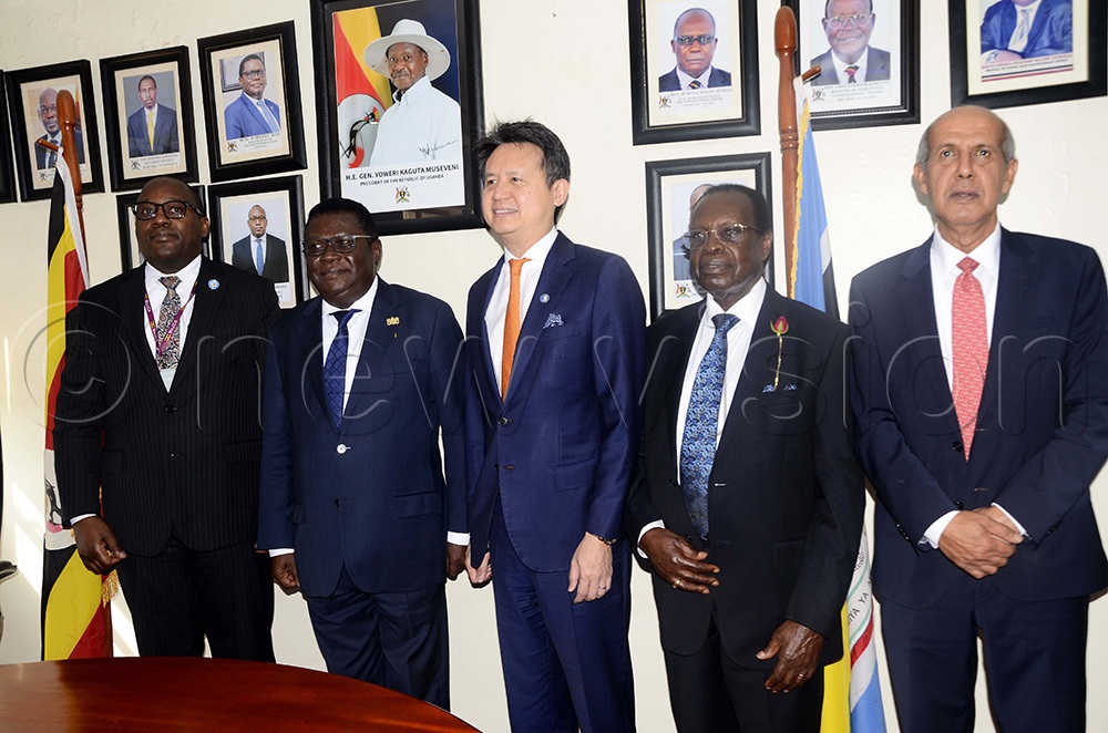 From left to right: Pius Perry Biribonwoha, Solicitor General, Norbert Mao, Justice minister, Daren Tang, World Intellectual Property Organization (WIPO), Francis Butagira, URSB Board chairman, Ambassador Hasan Kleib, Deputy director general regional and national development sector pose for a photo during a meeting at the Ministry of Foreign Affairs in Kampala on 4th December 2025. (Photo by Juliet Kasirye)
