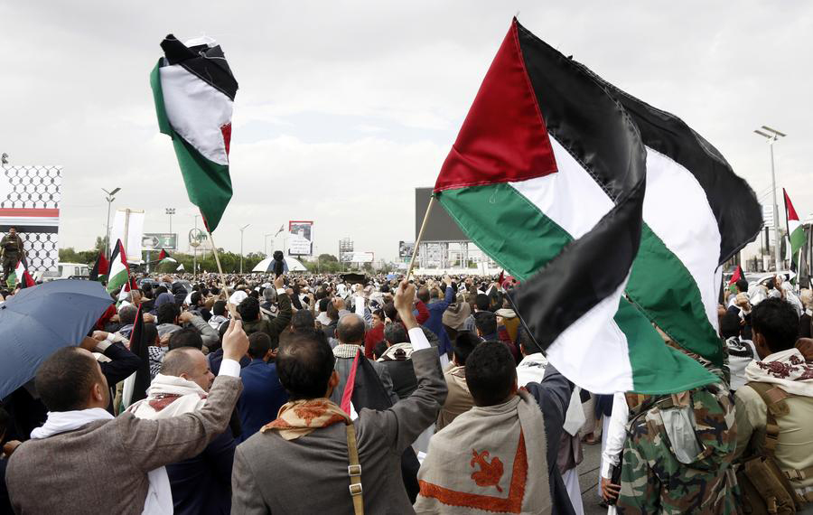 People shout slogans as they take part in a demonstration to protest the U.S. airstrikes on Yemen, in Sanaa, Yemen, March 28, 2025. (Photo by Mohammed Mohammed/Xinhua)