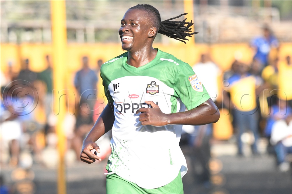 NEC FC's Pius Obuya celebrates his goal against KCCA FC during a Uganda Premier League match at the Phillip Omondi Stadium, August 29, 2026. NEC won 2-0.