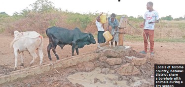 Locals of Toroma country, Katakwi district share a borehole with animals during a dry season.
