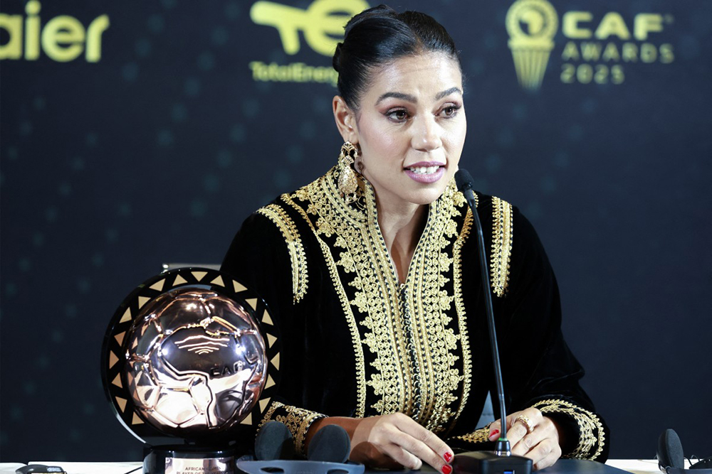 Al-Hilal's forward Ghizlaine Chebbak speaks after receiving the African Women’s Player of the Year award during the 2025 Confederation of African Football (CAF) Awards in Sale, Morocco on November 19, 2025. (AFP)