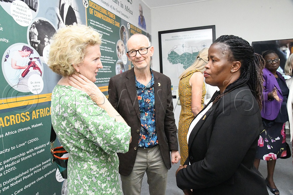 L-R: Her Excellency Mags Gaynor, Irish Ambassador to Uganda,  Chris Merriman, Chairperson of Hospice Africa UK (HAUK) and Prossy Nakyanja, Executive Director, Hospice Africa Uganda interacting after the official opening of Dr. Anne Merriman memorial room at Hospice Africa Uganda headquarters in Makindye on Friday 14th November 2025. (Photo by Mpalanyi Ssentongo)