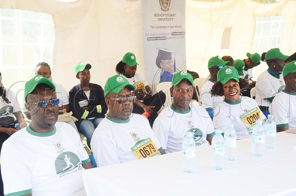 WWF Uganda Country Director Ivan Tumuhimbise (left), Dr Callist Tindimugaya, Commissioner for Water Resources Planning and Regulation at the Ministry of Water and Environment, Kashari South MP Capt. JB Tumusiime and MWE Under-Secretary Catherine Nassuna during the fifth edition of the River Rwizi Marathon at Booma Grounds in Mbarara City on Saturday. [Photo by Fred Turyakira]
