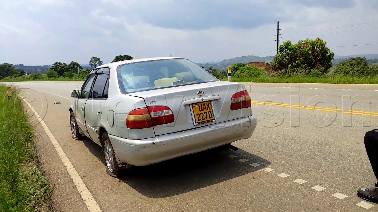 The Toyota Corolla (UAK 227D) used by police officers from Kigorobya sub-county to rescue Karamagi was also damaged during the scuffle. (Photo by Peter Abaanabasazi)