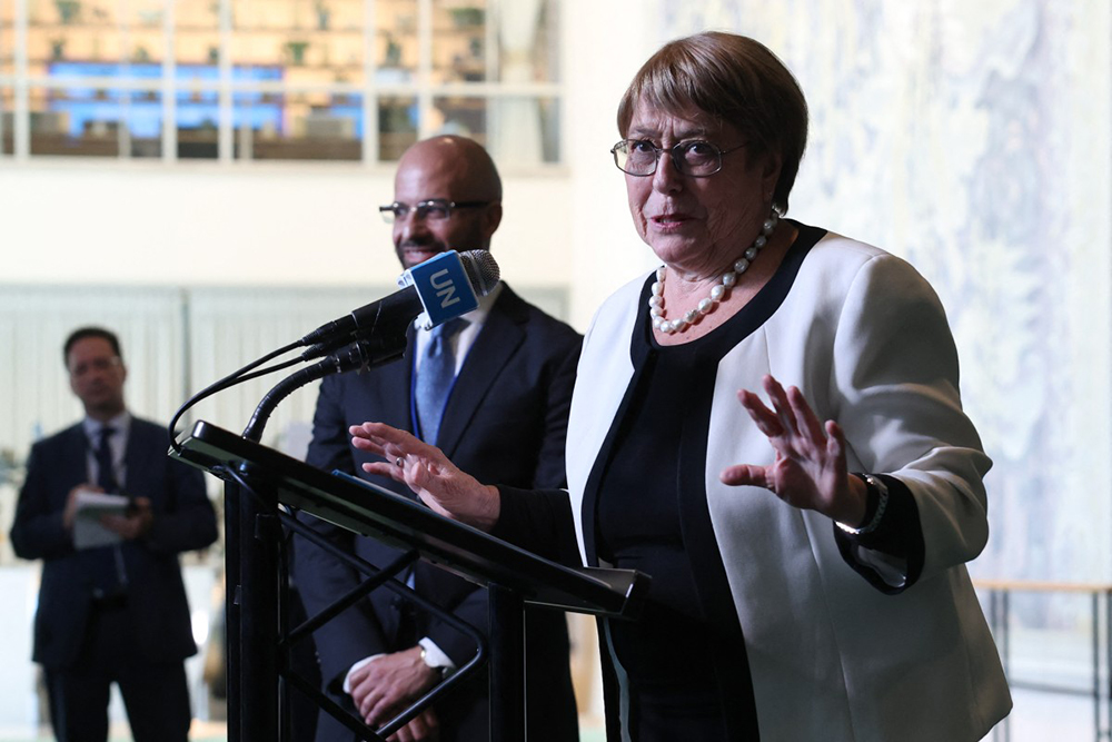 Former Chilean president Michelle Bachelet speaks to the press after a hearing to be considered as the next Secretary-General of the United Nations at the UN Headquarters in New York, on April 21, 2026. (AFP)