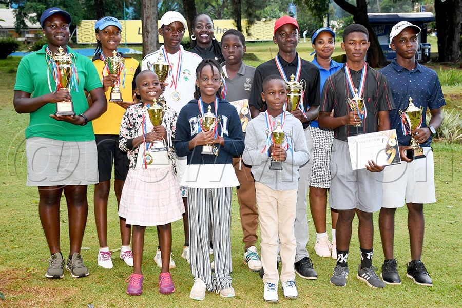 Entebbe Club lady captain Moureen Okura (left) and past lady captain Jovia Tugume (right) pose with  the different winners  after the Entebbe Juniors Golf Championship at Entebbe Club, January 31, 2026. Photo by Michael Nsubuga