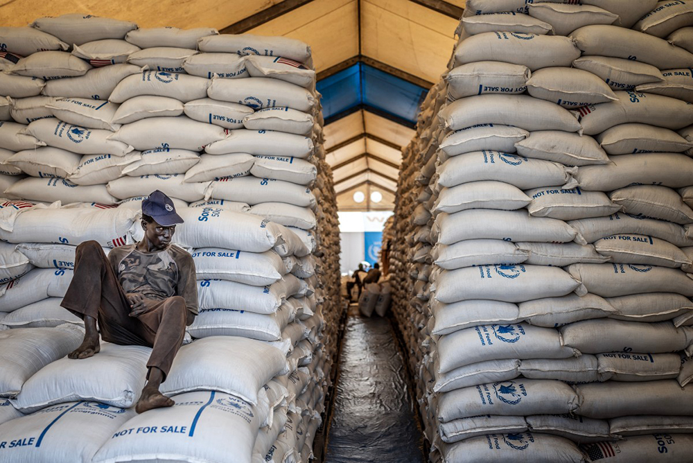 A worker sits atop sacks of food aid in a hangar where supplies are piling up because deliveries are halted due to insecurity from the conflict, at a World Food Programme (WFP) warehouse in Bor, Jonglei State, on February 13, 2026. 