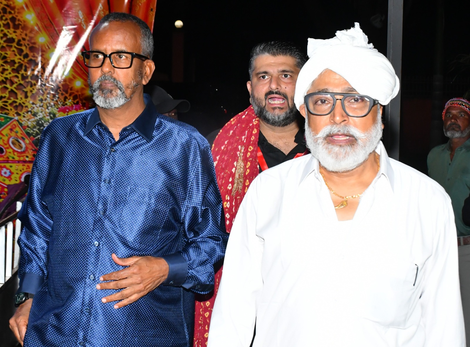 Busoga Kingdom's Second Deputy Prime Minister Alhaji Osman Ahmed Noor (Left) being welcomed by Ranmal Keshwala (Right) and Piyush Kotecha (Middle) at the Navratri festival in Jinja.