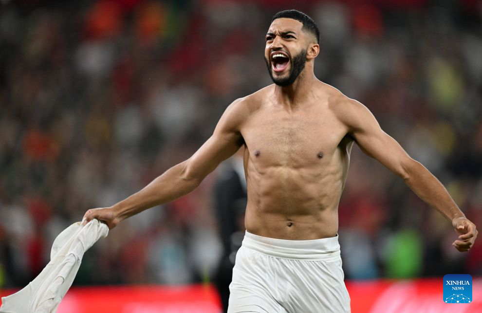 Ismael Saibari of Morocco celebrates as he scores a penalty kick in the penalty shoot-out during the round of 32 match between the Netherlands and Morocco at the 2026 FIFA World Cup at Estadio Monterrey in Monterrey, Mexico, on June 29, 2026. (Xinhua)