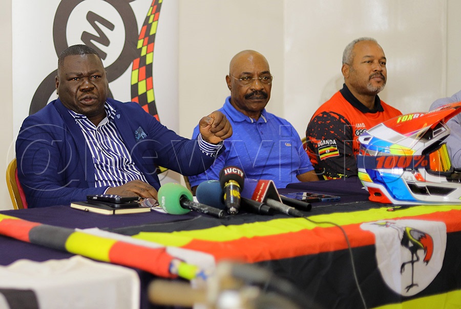 Dr Patrick Ogwel (left), Hamid Gombe (centre), and Arthur Blick Junior during the flag-off press conference at Cooper Chimney in Lugogo on August 21, 2026. Photo by Gerald Kikulwe