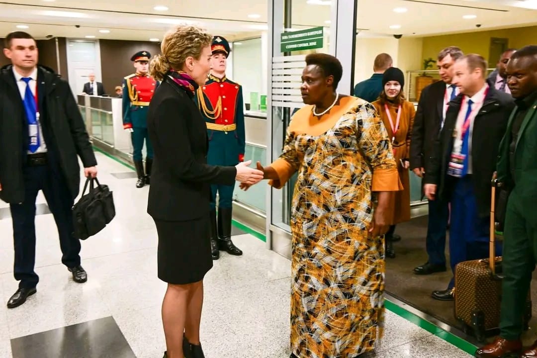 The Vice President, Jessica Alupo, being received by officials at the airport in Moscow on Monday