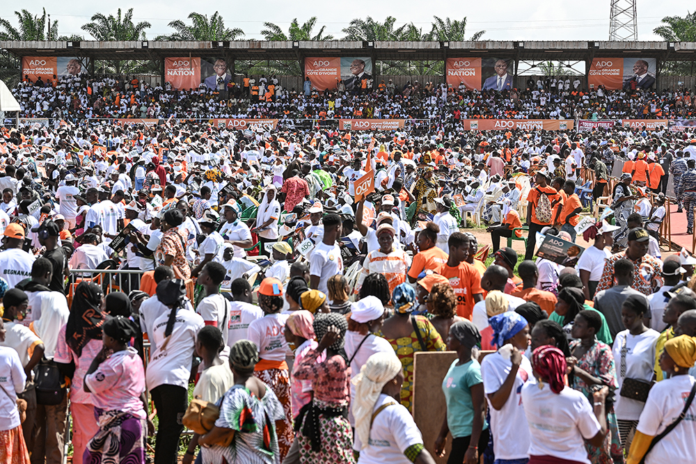 A general view of the first meeting of the Ivorian President and presidential candidate of the Rally of Houphouëtists for Democracy and Peace (RHDP), Alassane Ouattara, at the Daloa regional stadium in Daloa on October 11, 2025 ahead of Ivory Coasts's presidential election scheduled for October 25, 2025. (AFP)