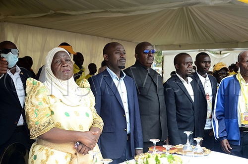 (L-R): Hajjat Minsa Kabanda, the Minister of Kampala Capital City Authority Affairs and Member of Parliament aspirant for Kampala Central, Bob Kakuru, an Administrator and Chairman Patriots Club Uganda, Col David Karuhanga other guests during the launch of Kabanda’s campaigns at Nakivubo Blue primary school on October 22, 2025. (Photo by Lawrence Mulondo)