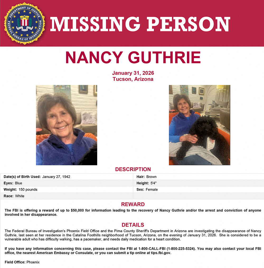 This image released by the Federal Bureau of Investigation (FBI) on February 5, 2026 shows the Missing Person Poster for Nancy Guthrie, mother of NBC News "Today" co-host Savannah Guthrie.
