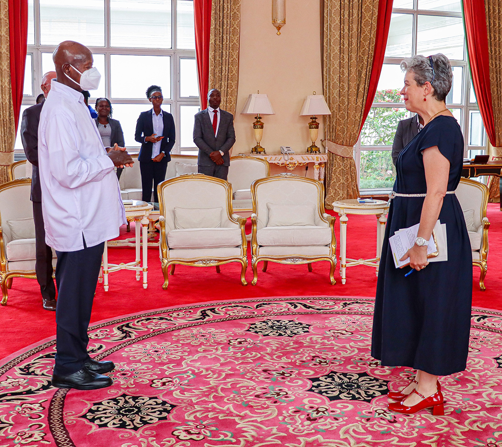 President Museveni meeting Mrs Virginie Leroy.