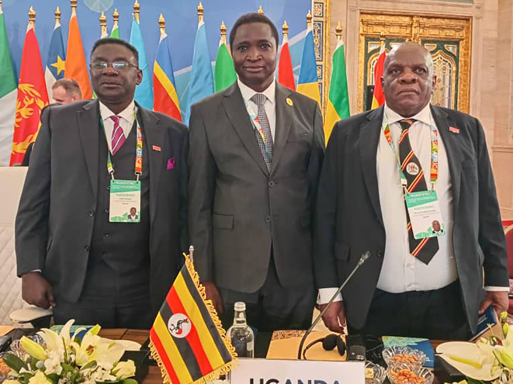 (L-R) Amb Henry Mayega, Head International Economic Cooperation at the Ministry of Foreign Affairs, Amb John Leonard Mugerwa Head International Legal and Social Services at Ministry of Foreign Affairs (and Head of the Delegation) and Amb Moses Kizige, Ambassador Extra-Ordinary and Plenipotentiary of the Republic of Uganda in Moscow during the Second Ministerial Conference of the Russia-Africa Partnership Forum in Cairo, Egypt on December 20 2025. 