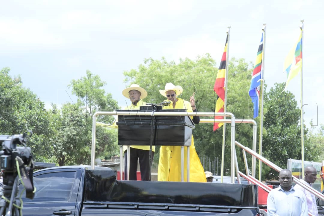 First Lady and Minister of Education and Sports, Maama Janet Museveni, addressing the campaign rally. (Credit: Eddie Ssejjoba)