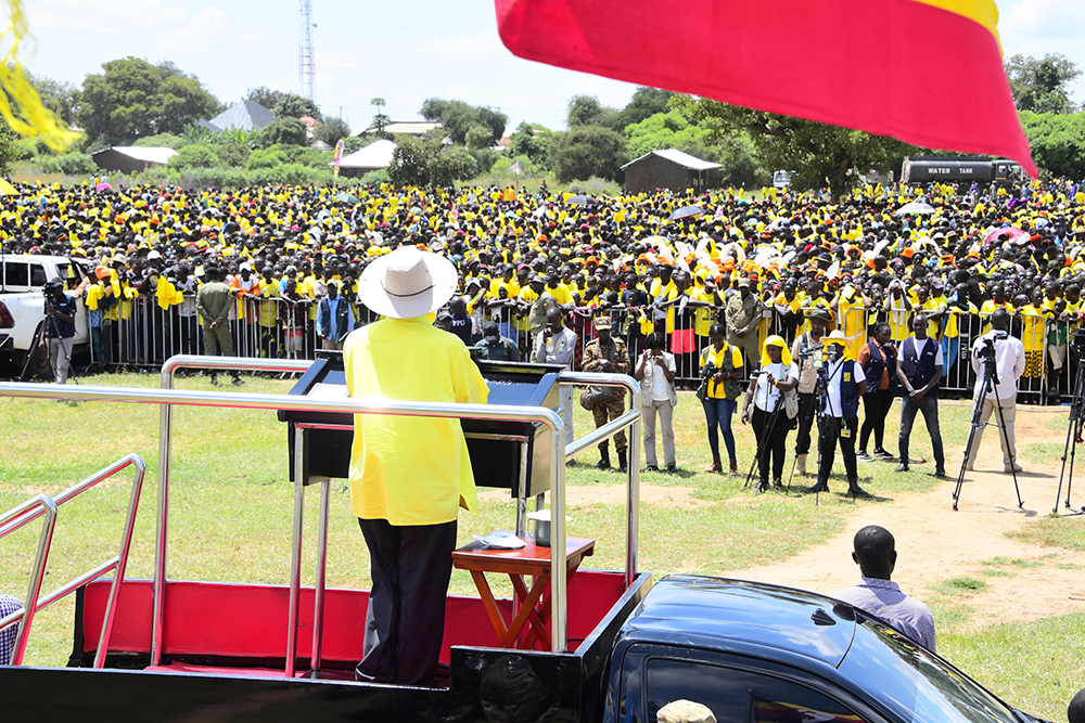 President Museveni addressing the campaign rally in Nakapiripirit. (PPU)