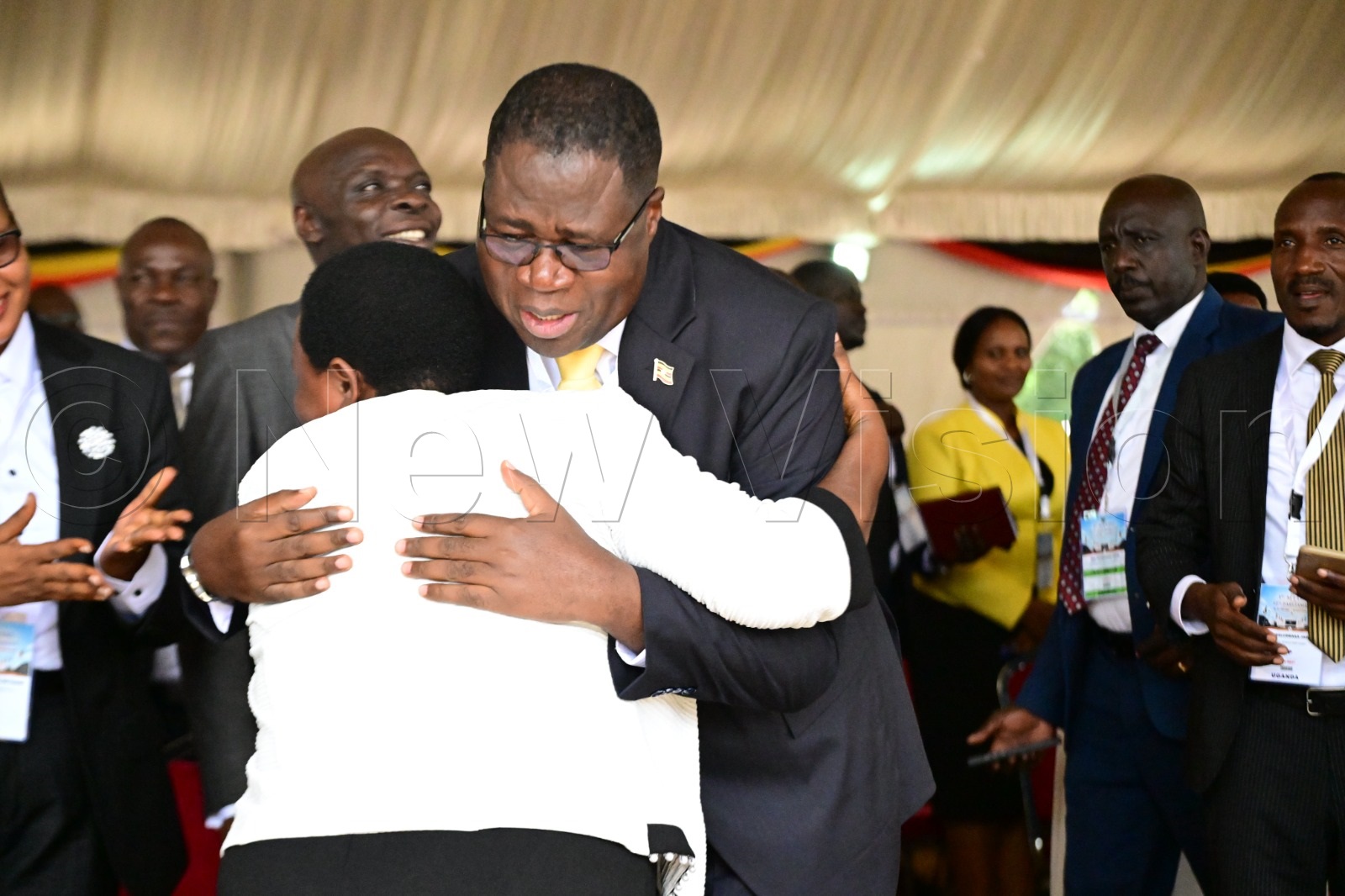 Robinah Nabbanja congratulating new Speaker of the 12th Parliament, Hon. Jacob Oboth-Oboth. (Credit: Maria Wamala)