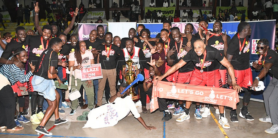 Namuwongo Blazers celebrate with the trophy after Game-6 of the best-of-seven final playoffs at Lugogo, November 5, 2025. Photo by Michael Nsubuga