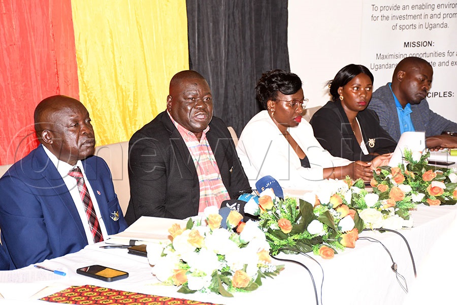 NCS General Secretary Patrick Ogwel (2nd left) addresses the  press flanked by  the Assistant General Secretary-Administration Joseph Oluga (left), Senior Legal Officer Diana Kwesiga, Sports Officer Sarah Chelangat and Senior Finance Officer Muhamed Bbale at Copper Chimney Restaurant. Photo by Michael Nsubuga