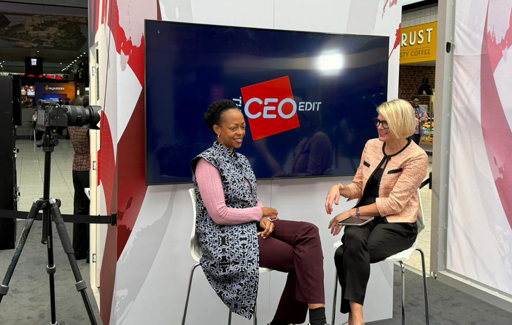 Juliana Kagwa (left) the UTB boss during one of the media interviews during her visit to the UK for the World Travel Market expo.