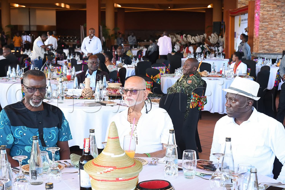 Greatlakes Safari Tours ED Amos Wekesa Dr Sudhir Ruparelia and Geofrey Buluku share ideas during the launch of the UTA Strategic Plan 2026-2030 at Speke Resort Munyonyo. (Credit: Titus Kakembo)