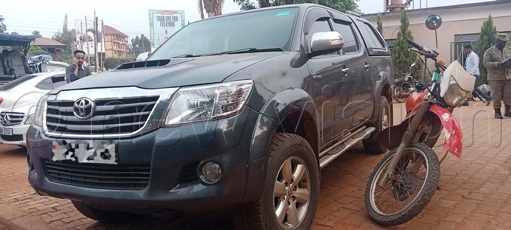 Okullu's vehicle parked at Kabalagala Police Station. (Credit: Stuart Yiga)