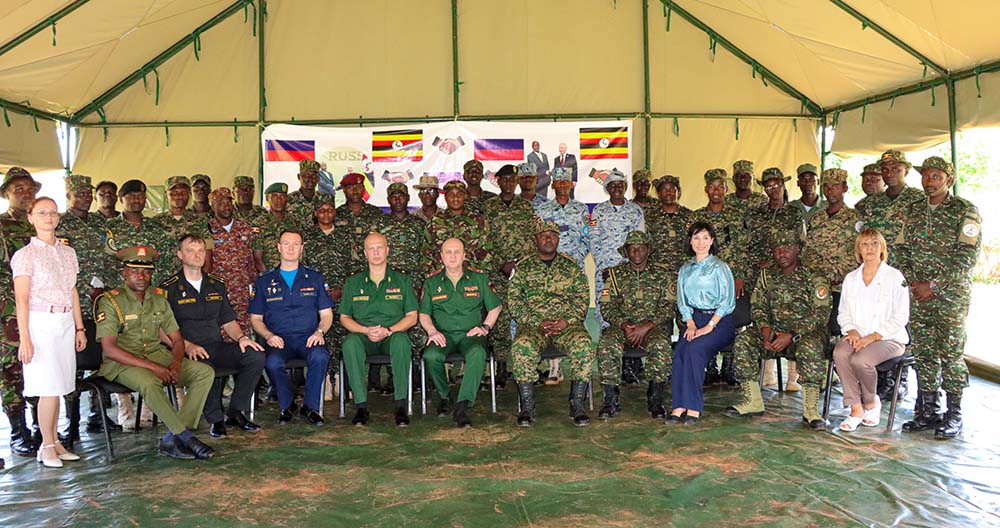 A group picture of Russian delegation and UPDF offices at the School of Defence Intelligence and Security (SODIS) in Migeera, Nakasongola District on March 26 2026. (Courtesy Photo)